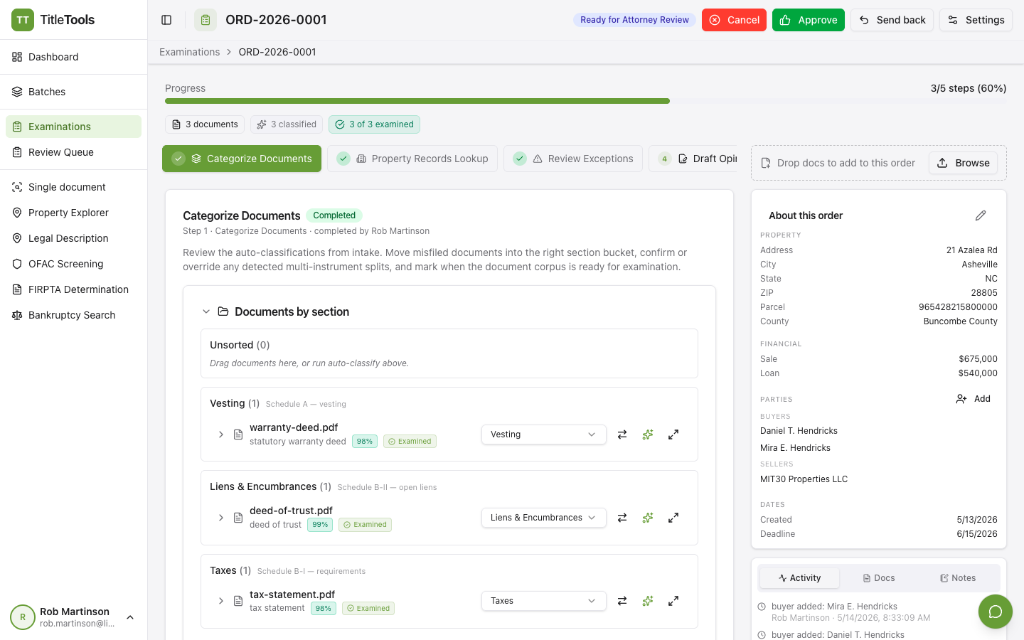 TitleTools examiner workspace showing a title examination order with workflow steps and document classification