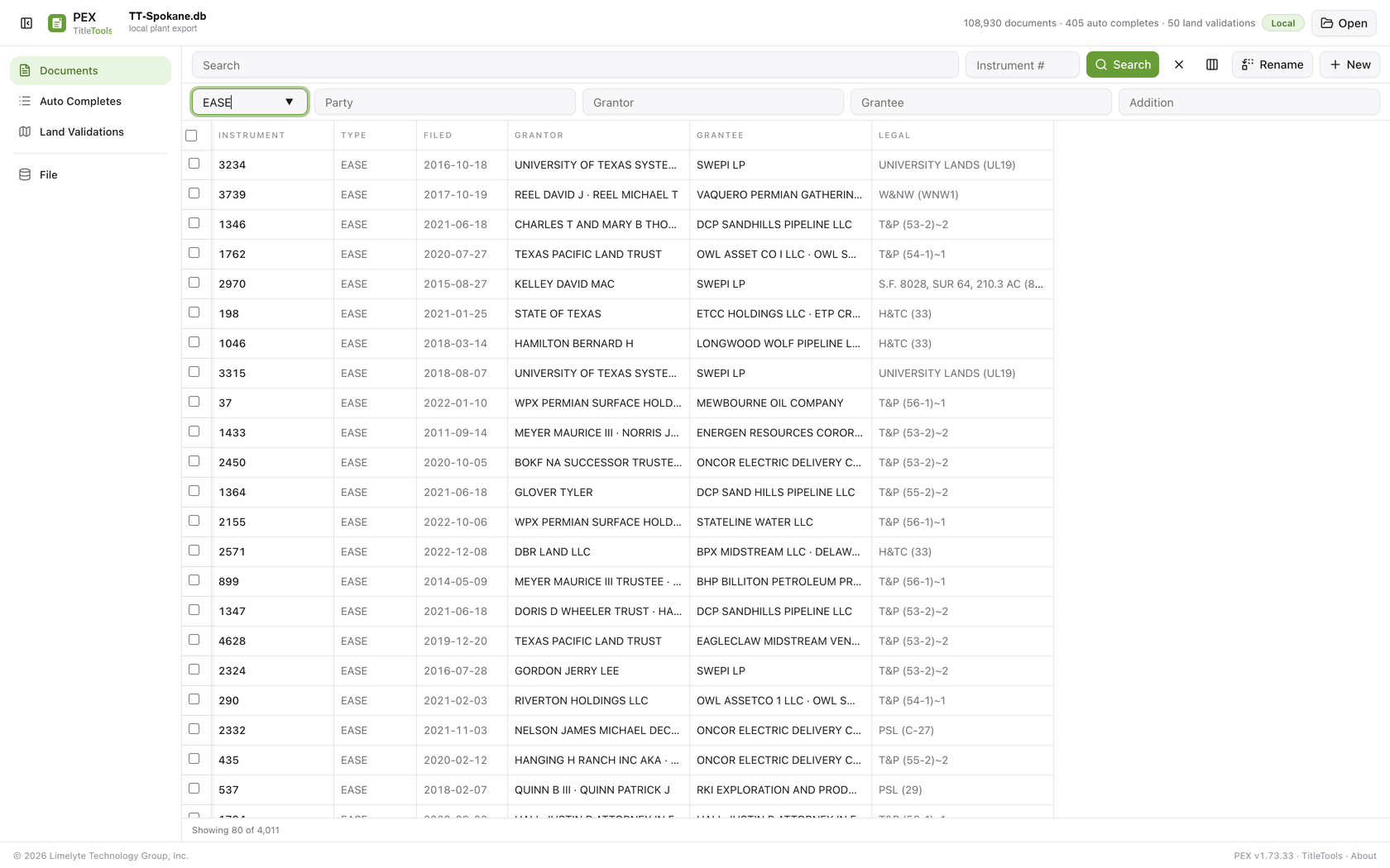 PEX workspace open on a local plant export: document list with instrument, type, filed date, grantor, grantee, and legal columns fully visible